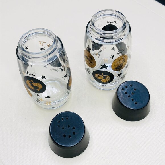 Vintage VAN PAK Zodiac Sign Stars Glass Salt Pepper Shaker Set Made in Canada - Picture 5 of 12